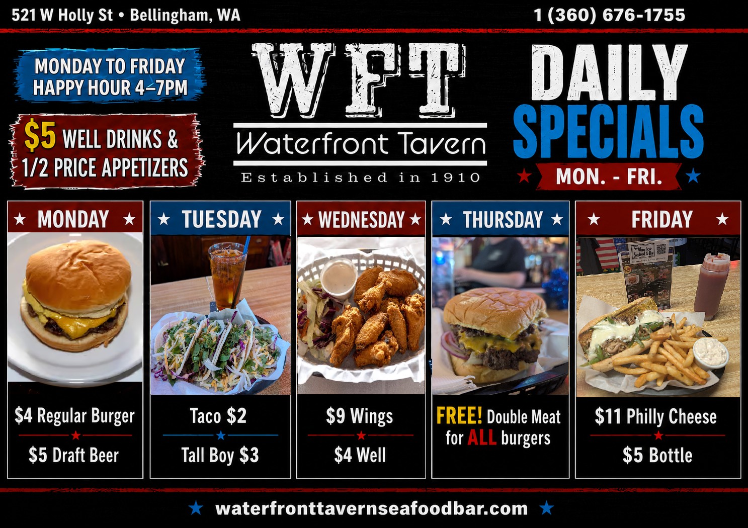Waterfront Tavern daily specials Monday through Friday — burgers, tacos, wings, Philly cheese, happy hour Bellingham WA